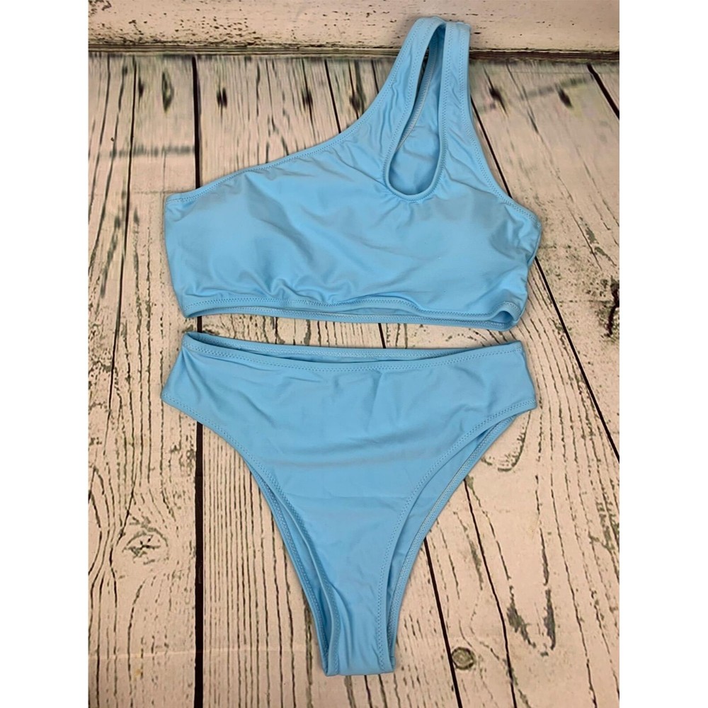 Womens Bikini Set Cutout One Shoulder High Waist Two Piece Swimsuit Blue M